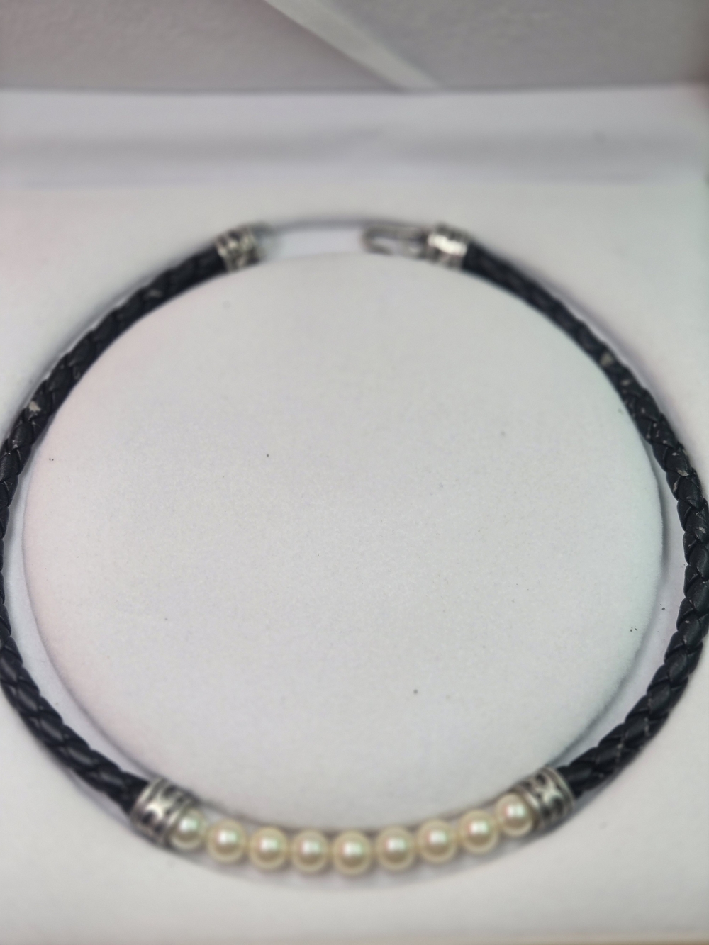 vintage Honora black braided leather necklace featuring freshwater pearls